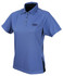 A ladies' polo shirt in purple with black accents and a logo on the chest.