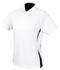 A ladies' polo shirt featuring a white body with black side panels and a collar. It has a logo on the front.