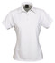 A white polo shirt for ladies with a collared neckline and short sleeves, featuring a logo on the side.