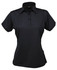 A black ladies' polo shirt with a collared neckline and button details, featuring a subtle striped pattern and logo.