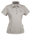 A grey ladies' polo shirt with a collared neckline and a logo on the chest.