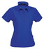 A blue ladies' polo shirt with a collar and three buttons, featuring a logo on the side.