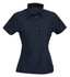 A dark navy women's polo shirt featuring a collared neck, short sleeves, and a button placket.