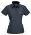 A dark grey ladies' polo shirt with a collar, short sleeves, and a logo. Features a button placket at the front.