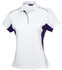 A white polo shirt for ladies featuring navy accents and a three-button placket. It has a branded logo.