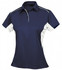 A ladies' polo shirt featuring navy blue and white colours, with a logo present on the garment.
