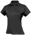 A black ladies' polo shirt featuring a collar and short sleeves, designed with a sleek, sporty look and has a logo.