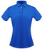 A blue ladies' polo shirt with a classic collar and three buttons, featuring a logo.