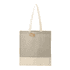 A grey and cream recycled cotton twill tote bag with long handles and a branding tag.