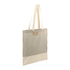 A neutral-coloured tote bag made of recycled cotton twill, featuring a light tan bottom and a logo tag.