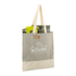 A beige and cream tote bag with a logo, featuring various items inside.