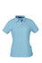 A light blue women's polo shirt with a collar, featuring three buttons and a logo on the side.