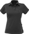 A black ladies' polo shirt featuring a collar, short sleeves, and a chest pocket. It has a logo on the collar.