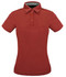 A red ladies' polo shirt featuring a collar and three buttons, designed with a logo.