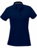 A navy blue ladies' polo shirt with a collared neckline and buttons, featuring a logo.
