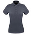 A ladies' polo shirt in a dark grey colour, featuring a collar and button placket, with a logo.