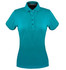 A teal polo shirt for women featuring a collared neckline and four-button placket. The shirt has a logo on it.