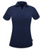 A navy blue ladies' polo shirt with a collar and button placket, featuring short sleeves and a logo.