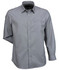 A long-sleeve men's button-up shirt in a grey hue, featuring a single chest pocket and a logo.