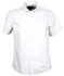 A short-sleeved white button-up shirt with a chest pocket and a logo.