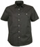A short-sleeved button-up shirt in charcoal grey with a single chest pocket and a logo.
