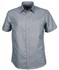 A short-sleeved, button-up men's shirt in a light blue with a chest pocket and branding.