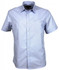 A short-sleeved, button-up shirt in light blue with a chest pocket and a brand logo.