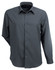 A long-sleeve men's button-up shirt in dark grey, featuring a collar and dark buttons. It has a logo.