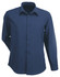 A navy blue long-sleeve button-up shirt with a collar and front buttons, featuring a logo on the chest.