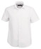 A short-sleeved white button-up shirt with a collar and a logo on the chest.