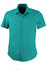 A short-sleeved button-up shirt in teal with a basic collar and a logo.