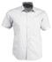 A short-sleeve button-up shirt in light grey with a patterned collar and a single chest pocket. It features a logo.