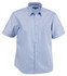 A short-sleeved, button-up men's shirt in light blue with a subtle striped pattern and a chest pocket.