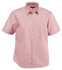 A short-sleeved, button-up men's shirt in a light red striped pattern, featuring a pocket and rolled sleeves.