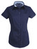 A short-sleeved ladies' shirt in navy blue featuring a button-up front and a chest pocket. Includes a logo.