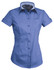 A short-sleeved, ladies' shirt in a blue hue with a button-down front and a single chest pocket. It features a collar and has rolled sleeves.