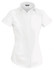 A short-sleeved, white ladies' shirt with a fitted design and a collar, featuring a logo.