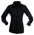 A black long-sleeve button-up shirt for ladies, featuring a collar and a logo.