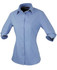 A light blue, button-up shirt with rolled 3/4 sleeves and a collar. The shirt features a logo on it.