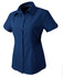 A navy blue women's button-up shirt with short sleeves and a collar, featuring a logo detail.