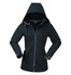 A soft shell jacket for ladies in dark green, featuring a hood and zippered front, with a fitted design.