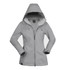A light grey soft shell jacket with a hood and zippered front, featuring an inner lining. It includes a logo.