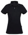 A black ladies' polo shirt with a collar and button placket, featuring a logo on the side.