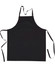 A black bib apron with a front pocket and adjustable neck straps, featuring long waist ties.