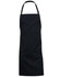 A black bib apron featuring an adjustable neck strap and a front pocket. It has a logo on the front.