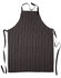 A black and white striped butcher's apron featuring a front pocket and adjustable ties.
