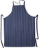 A navy and white striped apron with a front pocket and long ties for adjustment. Features a logo.