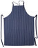A navy and white striped apron with a front pocket and long ties for adjustment. Features a logo.
