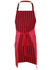 A red apron with white stripes featuring an adjustable neck strap and a waist tie. It has a logo on the front.