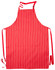 A red and white striped butcher's apron with ties and pockets. It features a logo on the fabric.